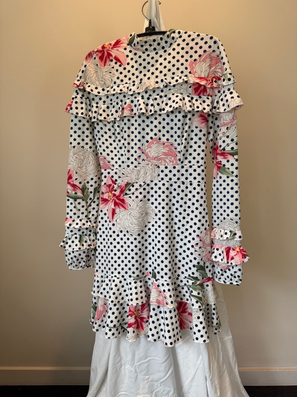 Boohoo White Polka Dot Mini Dress with Pink Floral Print